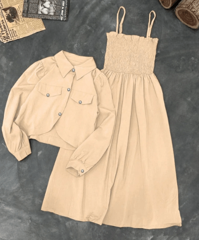 Beige sleeveless smocked midi dress with matching cropped button-up jacket for women