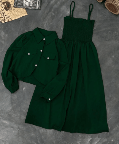 Dark green sleeveless dress with matching long sleeve buttoned jacket on gray background