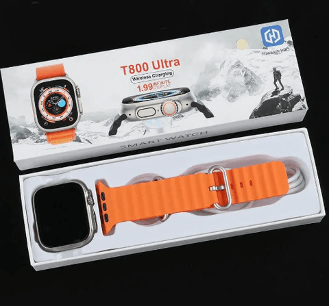 T800 Ultra smart watch with orange strap, wireless charging, packaging included, on black background