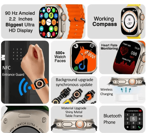 Smartwatch with AMOLED display, compass, NFC, heart rate monitoring, Bluetooth, and wireless charging.