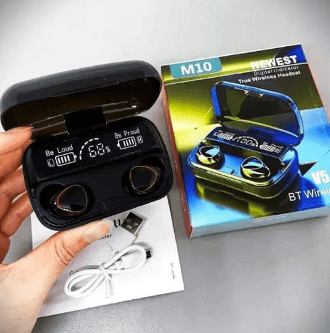 M10 wireless earbuds with LED display in charging case next to product box and USB cable