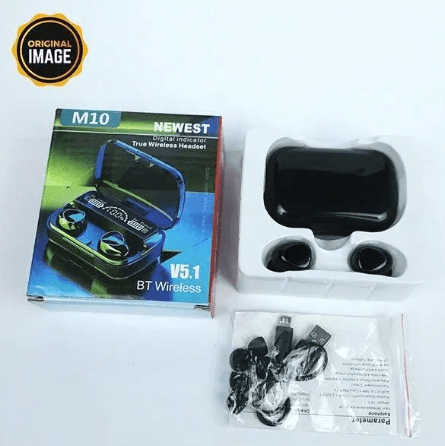 M10 wireless Bluetooth earbuds set with charging case, accessories, and product box on white background