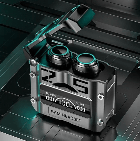 Futuristic wireless earbuds in a metallic charging case with LED display on a tech background