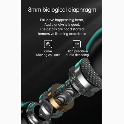 Exploded view of earphone showing 8mm biological diaphragm, moving coil unit, and audio decoding features