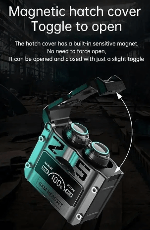 Futuristic gaming headset case with digital display and magnetic hatch cover open feature