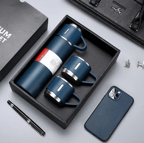 Blue stainless steel thermos and mugs gift set with smartphone, pen, and cufflinks