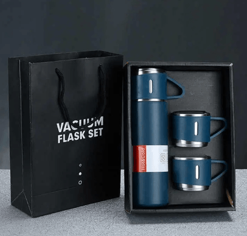 Blue vacuum flask and two matching cups set in gift box with black shopping bag