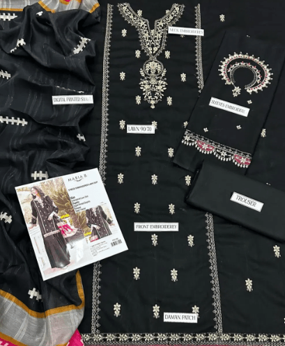 Unstitched black embroidered lawn suit set with dupatta, front embroidery, and printed details