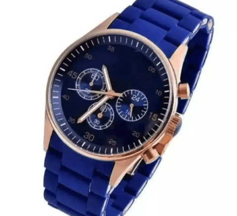 Men's analog wristwatch with blue silicone strap and blue dial featuring chronograph subdials