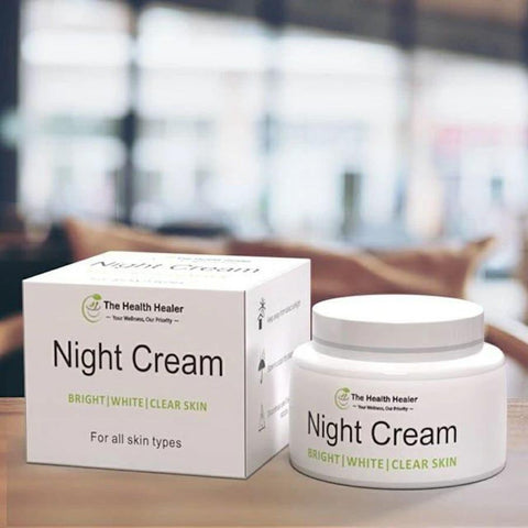 Night cream for all skin types in a white jar and box, brightening skincare product