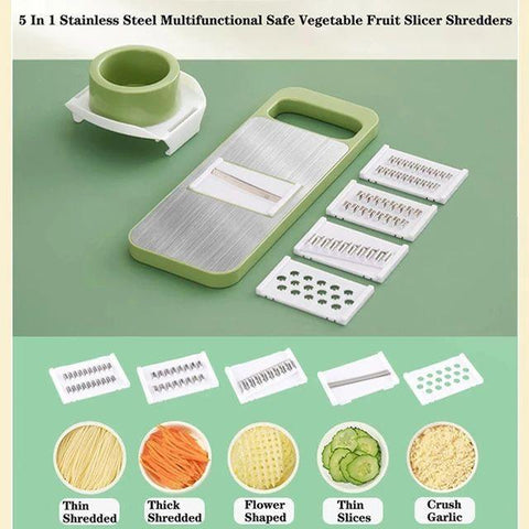 5-in-1 stainless steel multifunctional vegetable and fruit slicer with five interchangeable blades for shredding, slicing, and grating.