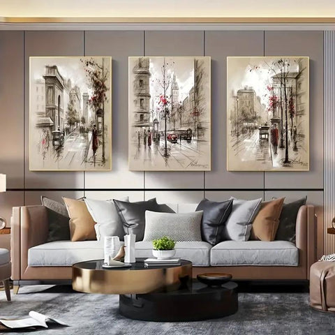 Urban Street Sketch Triptych Set of 3 Canvas Paintings for Modern Home Decor - Twista Mall