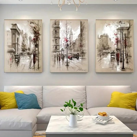 Urban Street Sketch Triptych Set of 3 Canvas Paintings for Modern Home Decor - Twista Mall