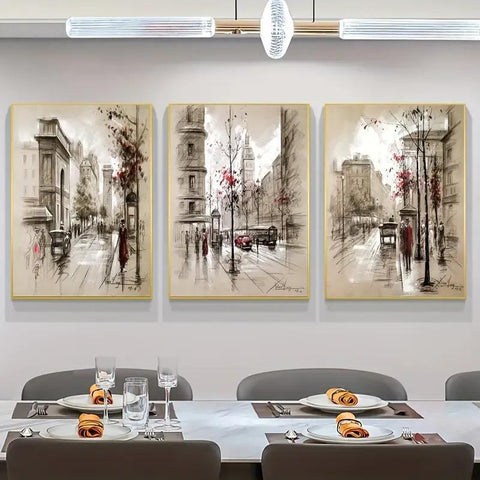 Urban Street Sketch Triptych Set of 3 Canvas Paintings for Modern Home Decor - Twista Mall