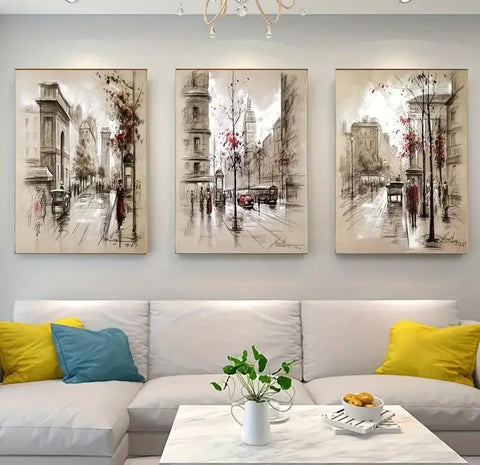 Urban Street Sketch Triptych Set of 3 Canvas Paintings for Modern Home Decor - Twista Mall