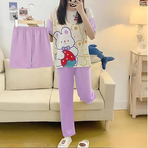 3-Piece Jersey Night Suit Set for Girls – Cute Printed Sleepwear with Shorts | Twista Mall