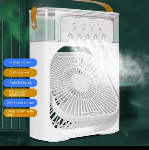 Portable white misting fan with water tank, control buttons, and visible steam output