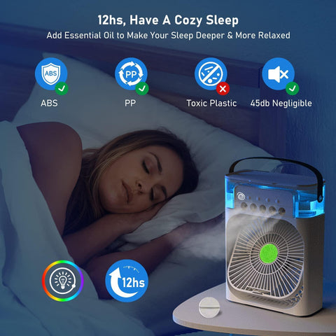 Woman sleeping in bed beside a quiet portable air purifier and humidifier with LED light
