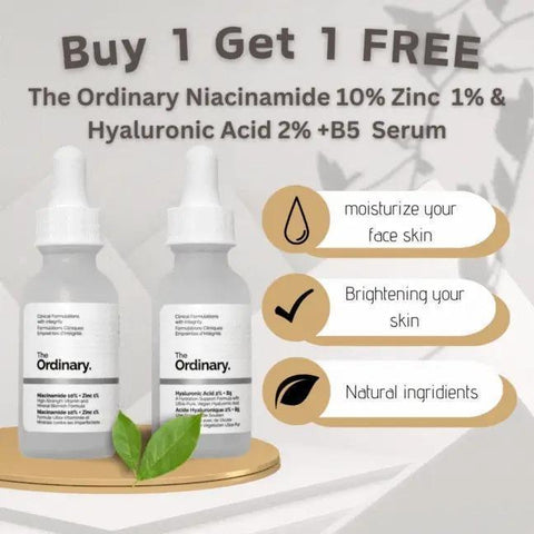 Two The Ordinary face serum bottles with buy one get one free skincare offer and product benefits.