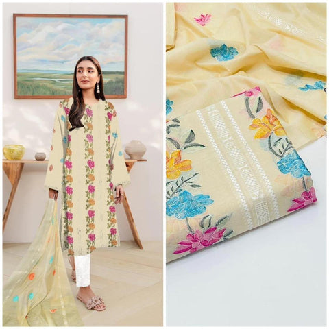 Woman wearing cream embroidered floral kurta with matching dupatta, fabric detail shown.