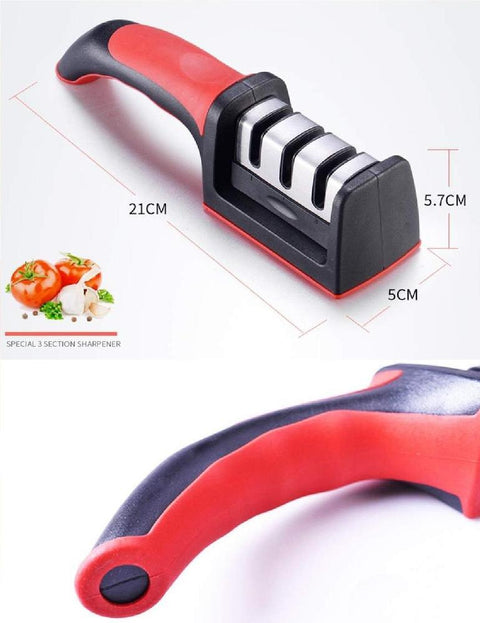 Three-stage knife sharpener with ergonomic red and black handle, product dimensions shown