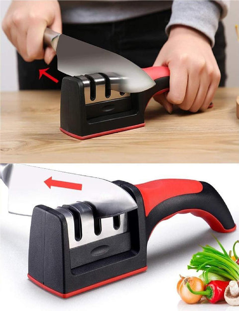 Handheld knife sharpener with non-slip base in use on kitchen counter, closeup view.