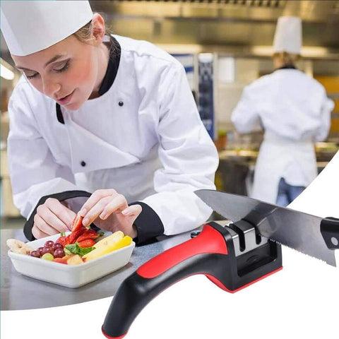 Chef preparing fruit dish in kitchen with knife sharpener in foreground