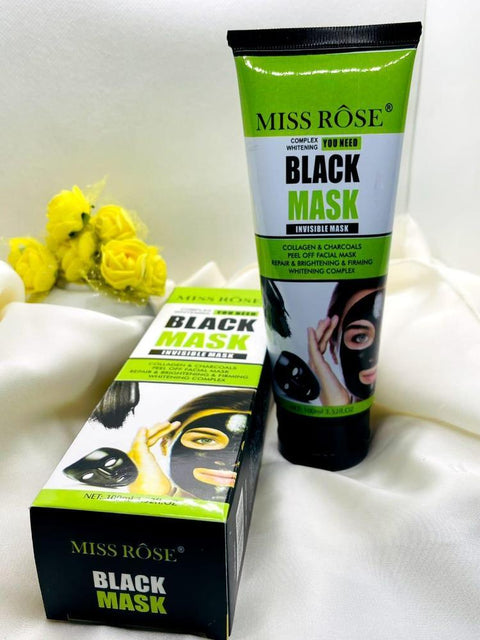 Miss Rose black peel off facial mask with box, skin care product on white satin background