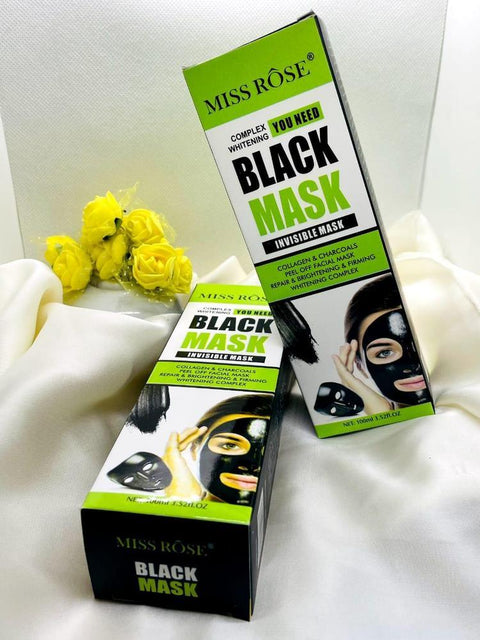 Miss Rose black mask facial beauty product boxes on white fabric with yellow roses
