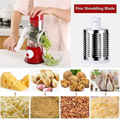 Manual rotary cheese grater with fine shredding blade for cheese, nuts, and vegetables
