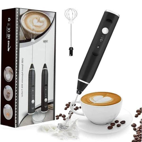 Electric milk frother with whisk, cappuccino and coffee beans, includes packaging box.