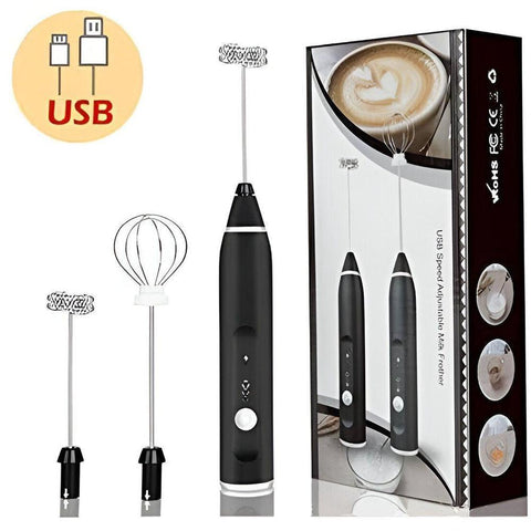 USB rechargeable milk frother with multiple whisk attachments and packaging, ideal for coffee.