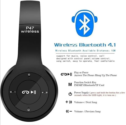 P47 Over-Ear Wireless Bluetooth Headset: Stereo Audio, Built-in Microphone for Calls - Twista Mall