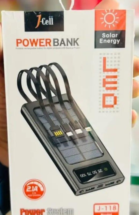 J-Cell Solar Power Bank 4-in-1 Portable Charger with Built-in Cables & LED - Twista Mall