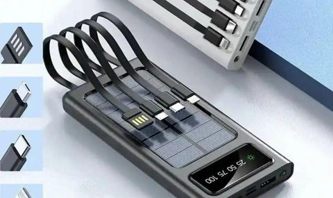J-Cell Solar Power Bank 4-in-1 Portable Charger with Built-in Cables & LED - Twista Mall