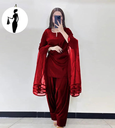 Luxury  3-Piece Shamoz Silk Suit with Organza Dupatta – Elegant Farshi Style Dress | Twista Mall