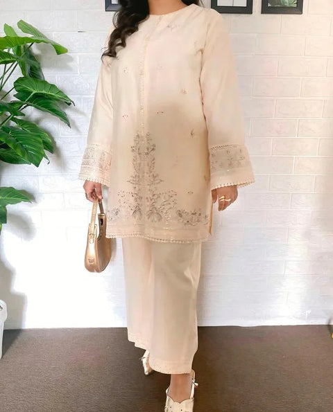 Elegant Ivory Embroidered Cotton 2-Piece Suit for Women – Premium Ready-to-Wear Dress | Twista Mall