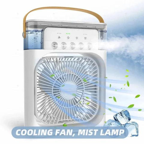 Portable USB air conditioner fan with LED night light, mist and humidifier function, white
